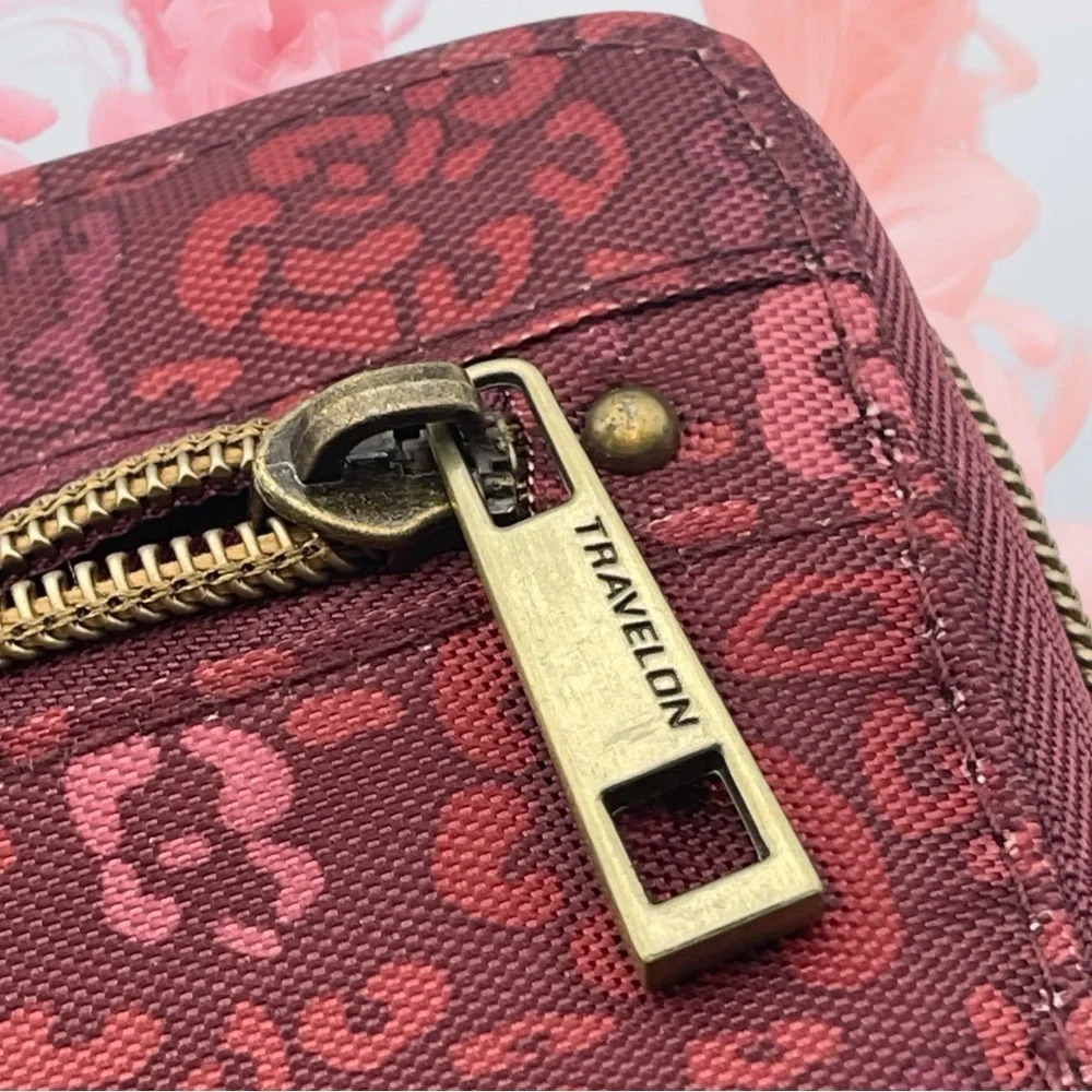 Travelon RFID Blocking Single Zip Wallet Floral Burgundy Rose Design